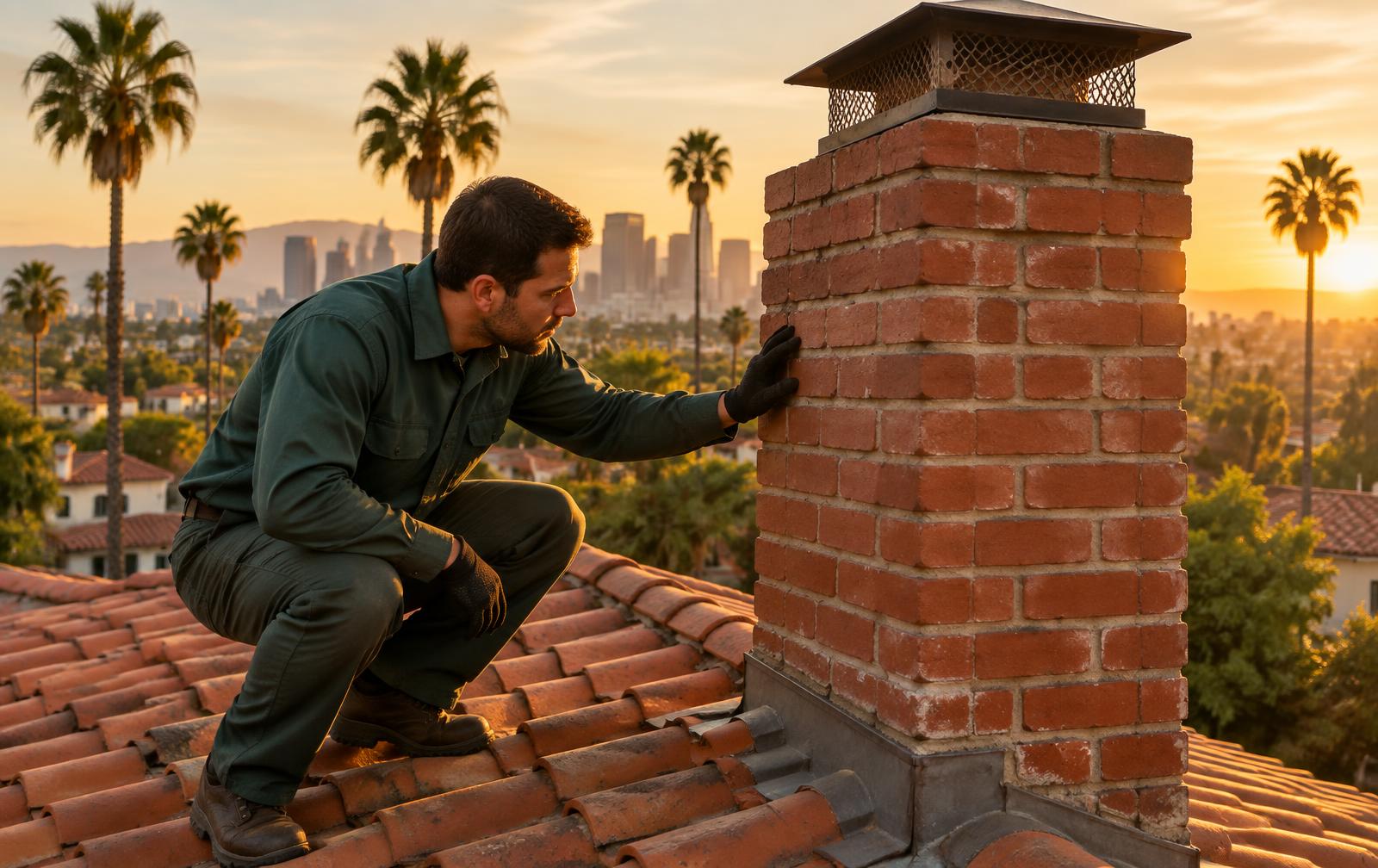 Chimney sweep technician inspecting a brick chimney in Los Angeles, CA