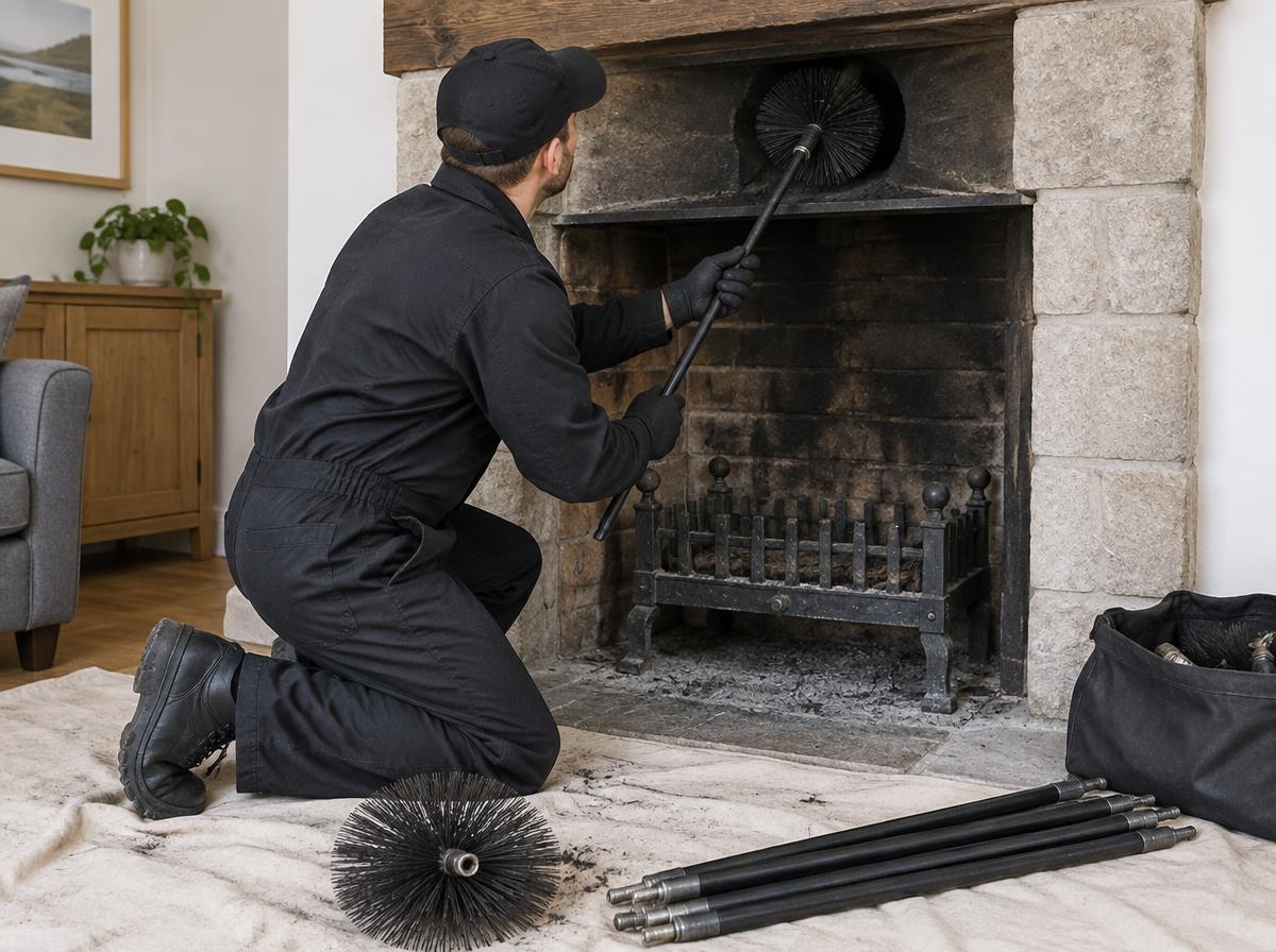 Chimney sweep technician cleaning a fireplace flue in Los Angeles, CA